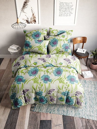 Маки голубой постельное бельё из бязи Веселина Ночь Нежна семейное